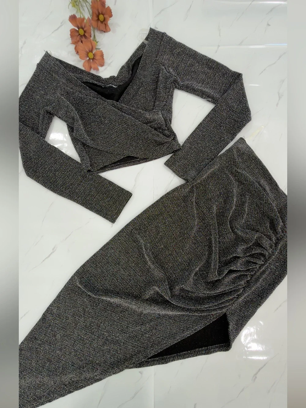 Fashion Nova Silver Charcoal Shimmer Ruched High-Slit Midi Skirt and top
